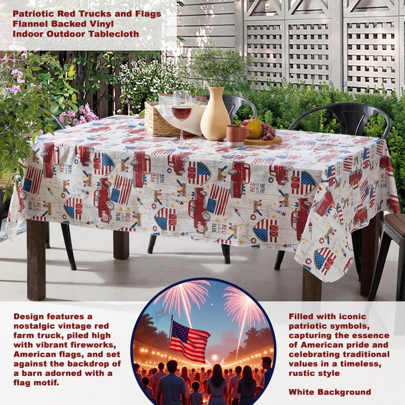 Newbridge Rectangle Vinyl Tablecloth with Flannel Backing, 52 x 70 Inch, Patriotic Truck, Indoor Outdoor Waterproof Vinyl Table Cloth, American Celebration Red Trucks and Flags - Image 2